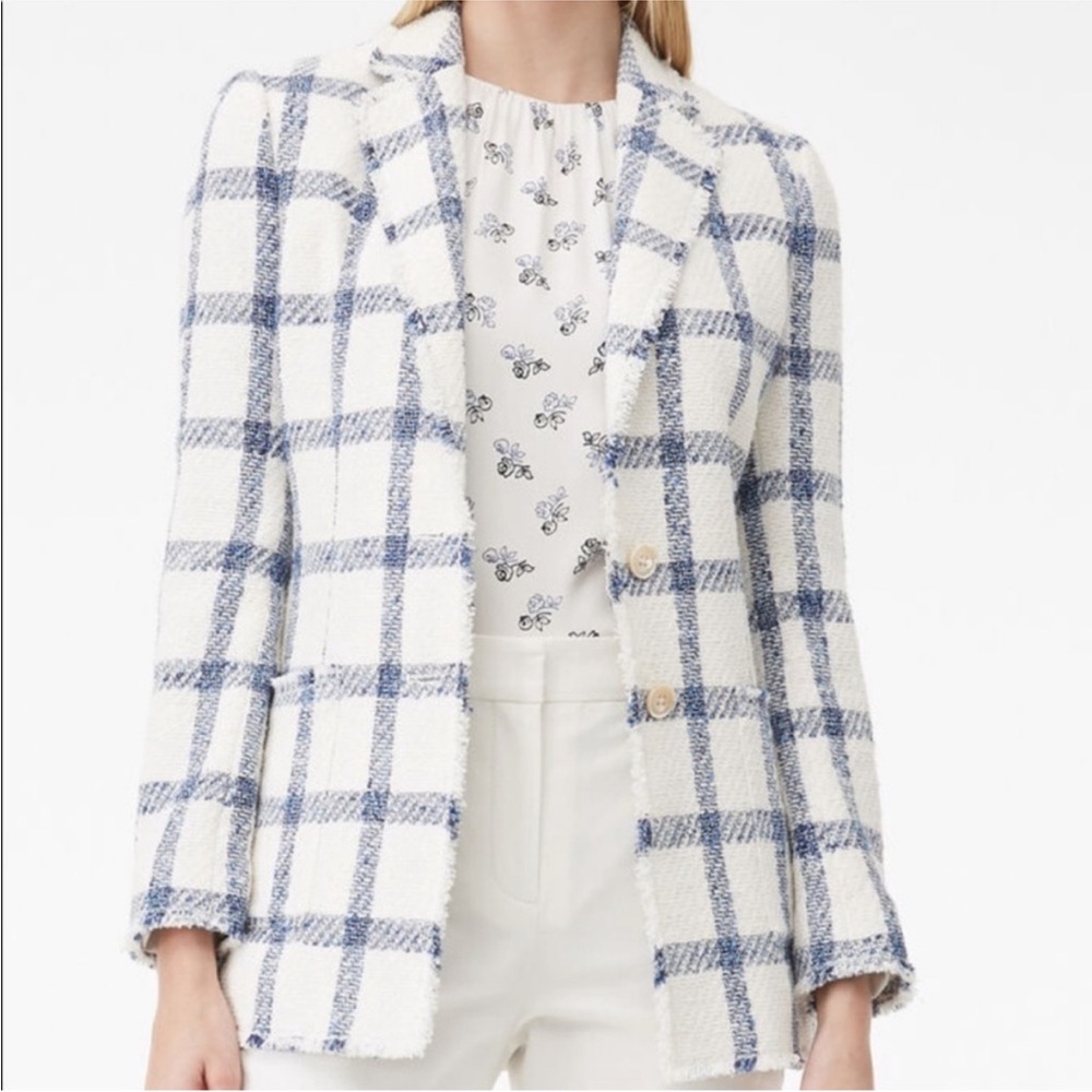 Tailored by Rebecca Taylor Blue and White Plaid Tweed Blazer Size 2